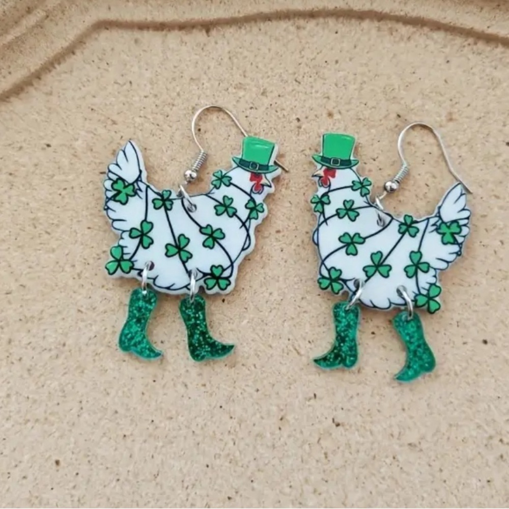 5/$25 🐓 Funny Cute St. Patrick’s Day Chicken Cowboy Boots Acrylic Earrings ☘️